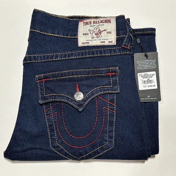 NWT True Religion Men Jeans Blue ROCCO Big T Flap Relaxed Skinny $199 size 34 36 - Picture 11 of 16